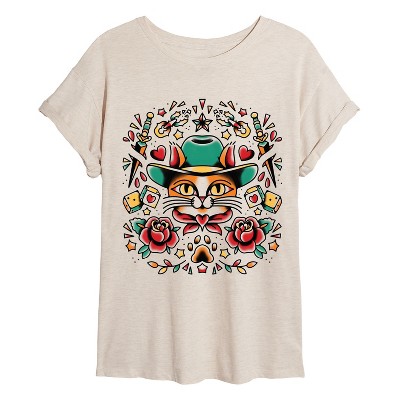 Women's - Instant Message - Western Kitty Tat Oversized Graphic T-Shirt