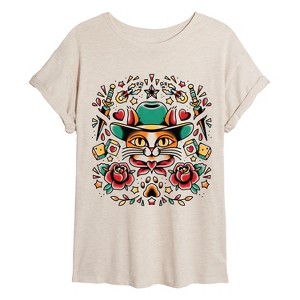 Women's - Instant Message - Western Kitty Tat Oversized Graphic T-Shirt - 1 of 4