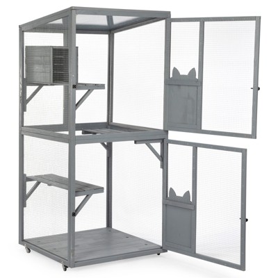 AZL1 Life Concept Pet Crates and Houses Outdoor Cat Catio on Wheels, 2 Story Cat Cage with Platforms and Condo, Sunlight Roof, Gray, 31.5"*31.5"*70.3"