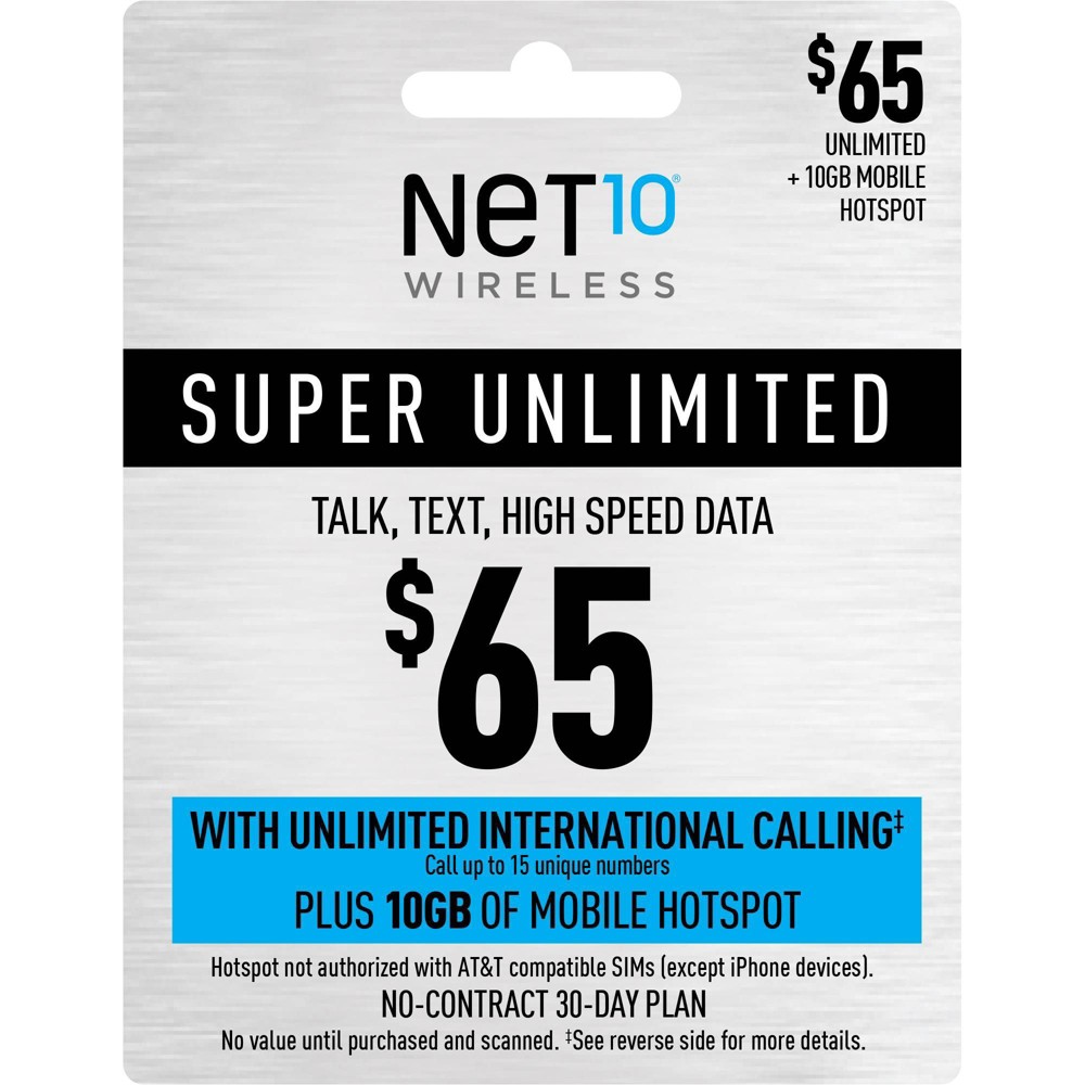 Photos - Other for Mobile Net10 $65 Unlimited & ILD 30-Day Talk/Text/Data Prepaid Card (Email Delive