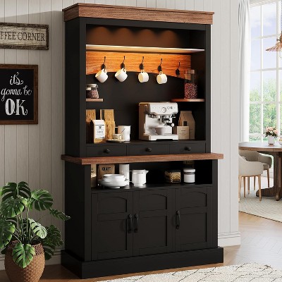 72" Tall Farmhouse Coffee Bar Hutch with Storage with LED Light, Sideboard Buffet Cabinet with Microwave Stand/Glass Shelf/6 Hooks/3 Drawers