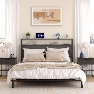Headboard with LED Lights, Charging Ports & Storage - Brown Industrial Wood and Metal Design, Easy Assembly - 1 of 4