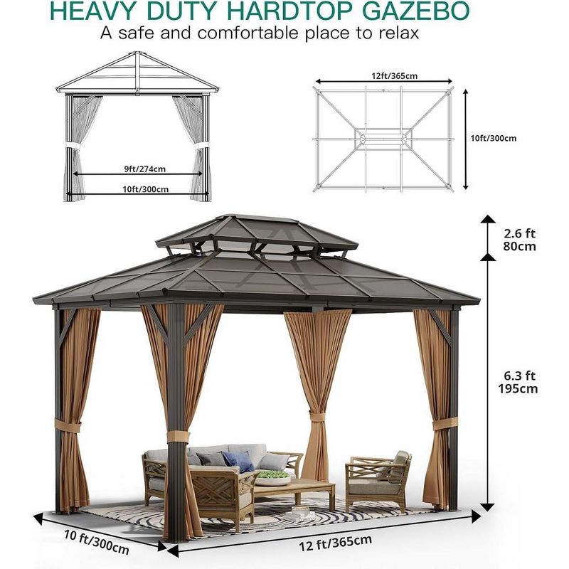 Hardtop Gazebo Outdoor Double Roof Canopy with Curtains & Netting, 2 of 8