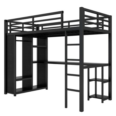 Bellemave Twin XL Loft Bed with Desk, Shelves and Wardrobe, Metal Twin XL Loft Bed Frame, Black