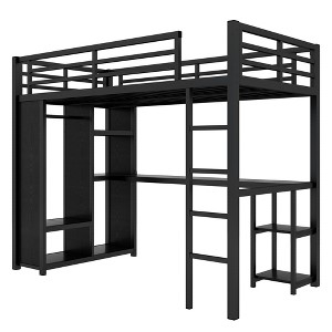 Bellemave Twin XL Loft Bed with Desk, Shelves and Wardrobe, Metal Twin XL Loft Bed Frame, Black - 1 of 4