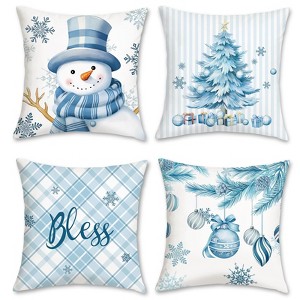 Winter Throw Pillow Covers 18 x 18 Inch Snowman Snowflakes Stripes Plaid Blue - 1 of 4