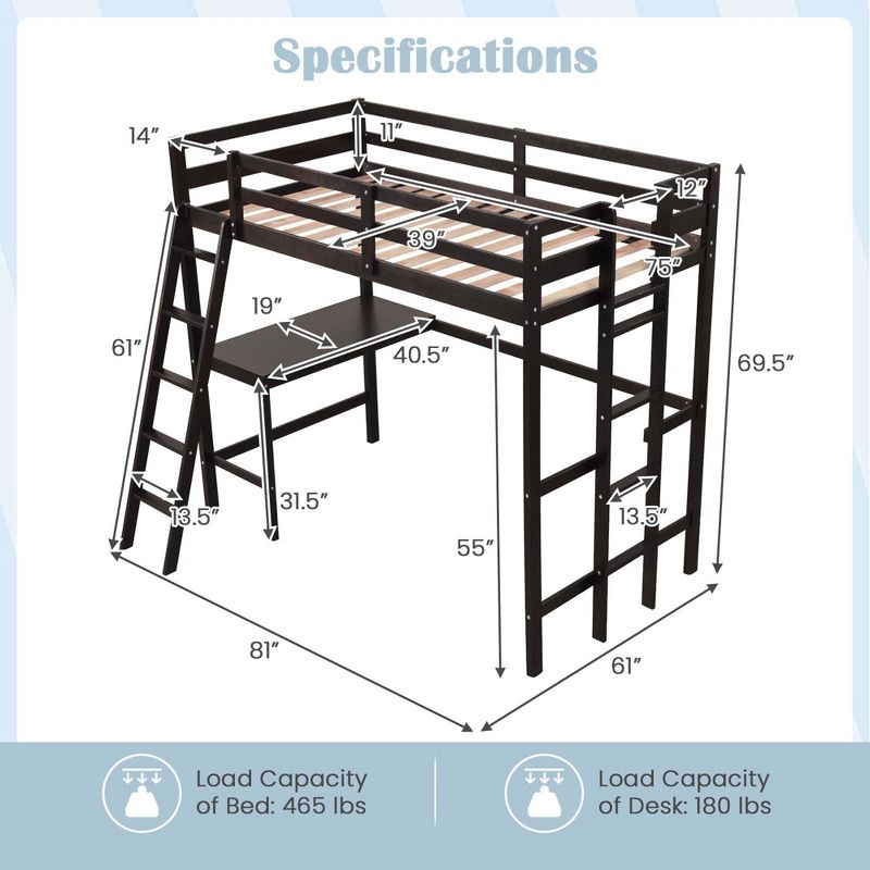Costway Twin Size Loft Bed w/ Desk & Shelf 2 Ladders & Guard Rail for Kids Teens Bedroom Brown/Grey/White, 3 of 11