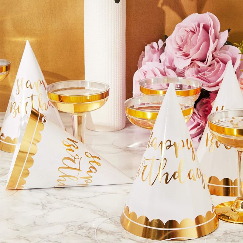 12-Pack Gold Foil Happy Birthday Party Cone Hats for Adults and Kids, 4 X 6 inches, 2 of 5