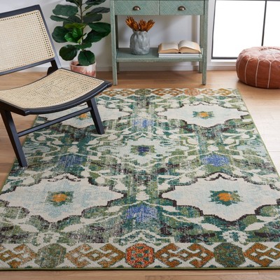 Ivory and Green Geometric Synthetic 8' x 10' Area Rug