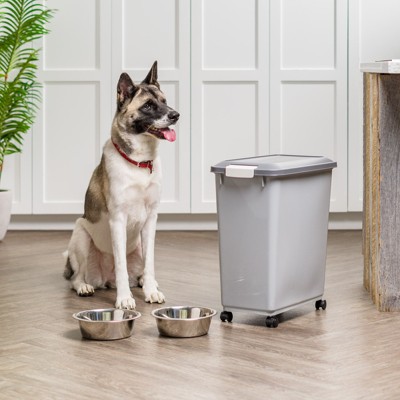 Gray Airtight Plastic Pet Food Storage Container with Wheels, 40 lbs Capacity