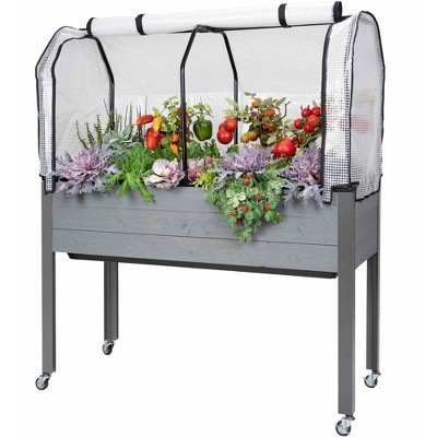 CedarCraft Self-Watering Elevated Planter w/ 4 Wheels, 21 x 47 x 32 Inch, Gray, and Greenhouse Cover, 21 x 47 x 24 Inch, For Elevated Planter Boxes