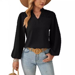 Coolmee Women's Puff Long Sleeve Shirts V Neck Loose T-Shirts Dressy Casual Work Blouses Fall Tops Trendy Clothes - 1 of 4