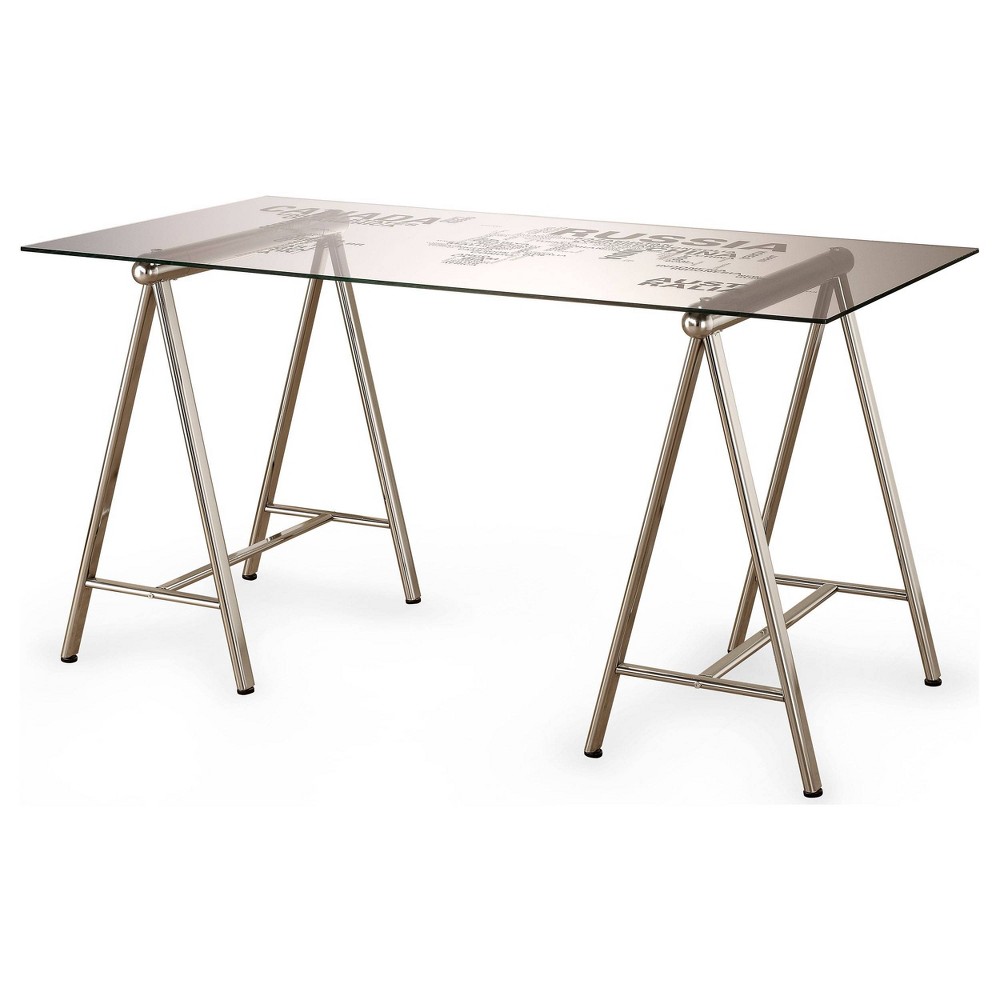 Photos - Office Desk Patton Glass Top Sawhorse Writing Desk with World Map Nickel - Coaster