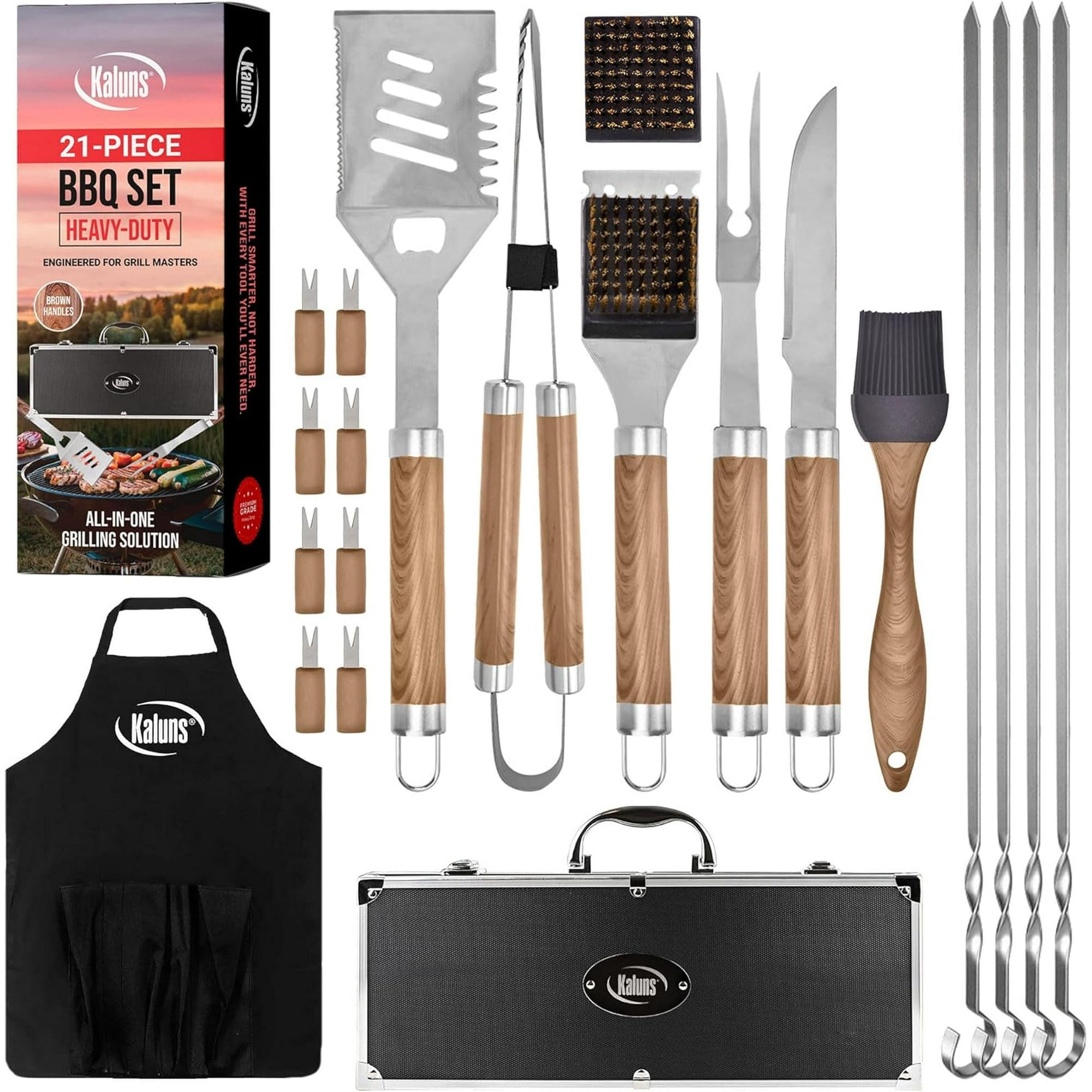 Kaluns Grilling Accessories, 21 Pcs Heavy Duty Stainless Steel Grill Set BBQ Grill with Aluminum Case and Apron, Brown