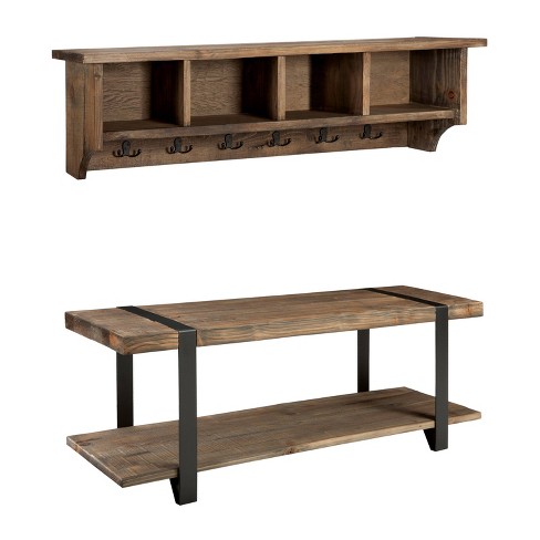 Alaterre Furniture Durango 60 Industrial Wood Coat Hook Shelf and Bench Set