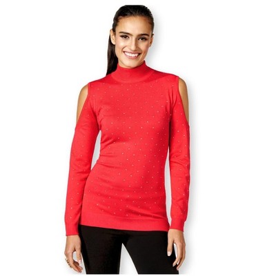 Thalia Sodi Womens Studded Cold Shoulder Pullover Sweater, Pink, Medium