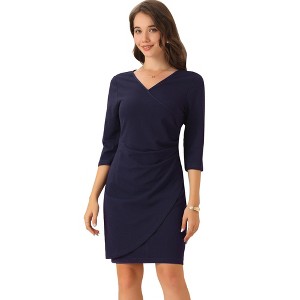 INSPIRE CHIC Women's 3/4 Sleeve Ruched V Neck Wedding Guest Casual Elegant Dress - 1 of 4
