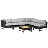 Outsunny 7 Piece Outdoor Patio Furniture Set, PE Wicker Sectional Sofa, Conversation Set with Thick Cushions and Wood Grain Coffee Table, Light Gray