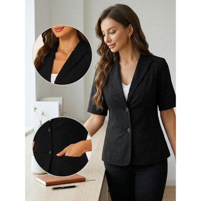 Женские куртки INSPIRE CHIC Women's Cotton Linen Button Office Business Short Sleeve Blazer Jacket Medium Black — фото 3