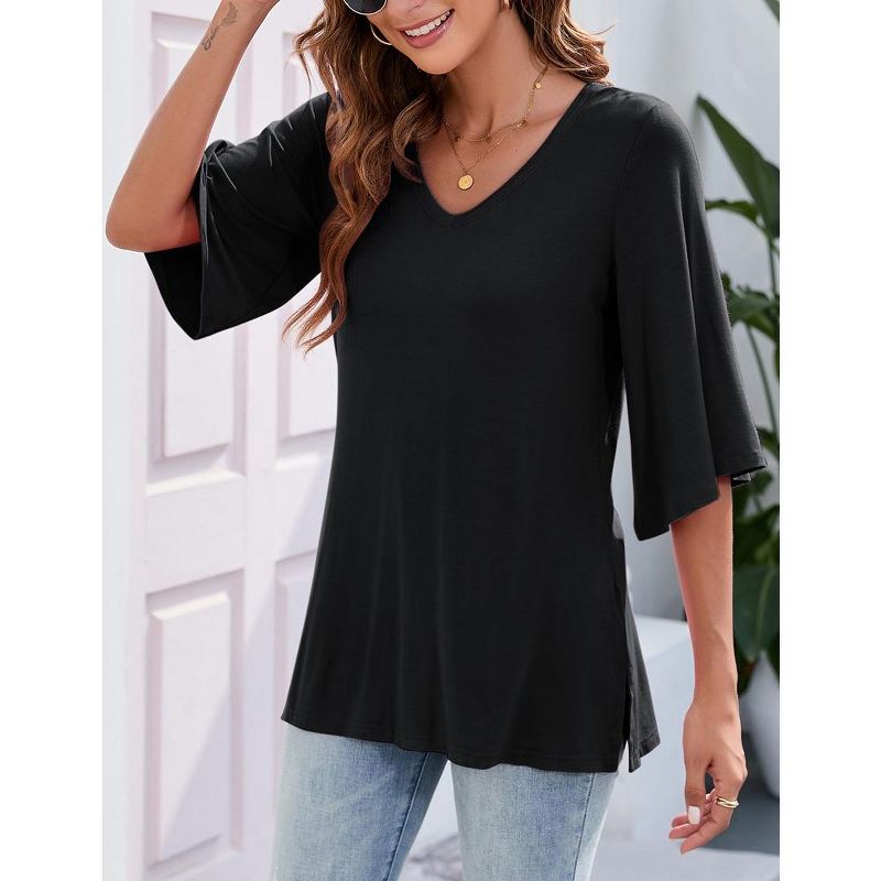 Whizmax Women's 3/4 Bell Sleeve Shirt Loose Fit V Neck Blouse Cute Tops, 2 of 7