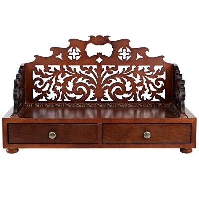 Antiquarian Floral Tracery Hardwood Desktop Organizer with Faux Brass Handles