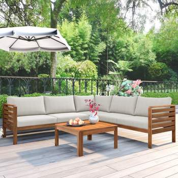 4-piece Acacia Wood Patio Conversation Set with Coffee Table, Outdoor Seating Set with Cushions and UV Protected Texture - Maison Boucle
