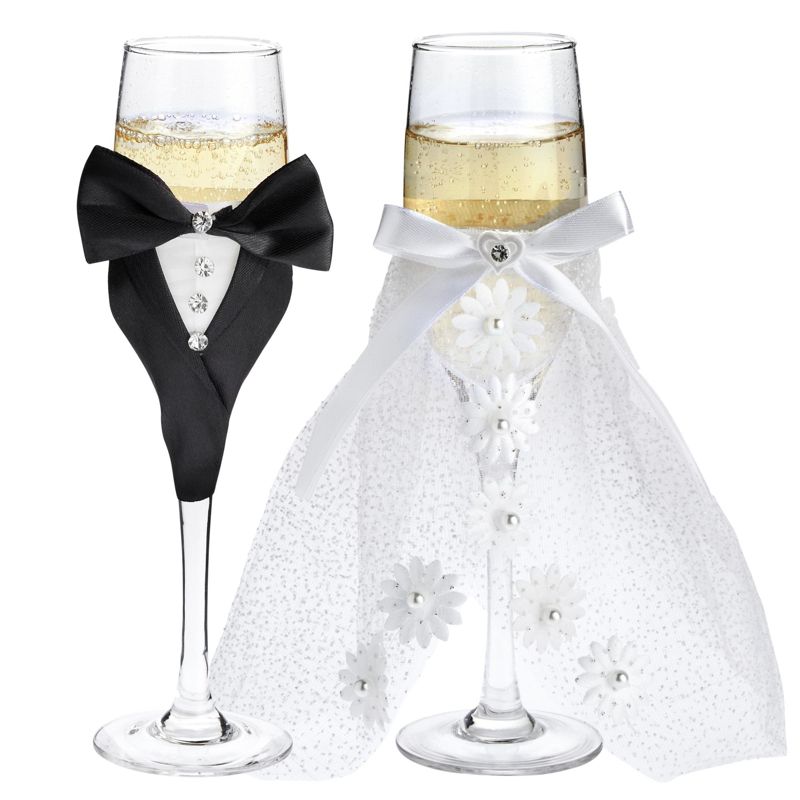 Sparkle and Bash Set of 2 Mr. & Mrs. Wedding Toasting Glasses, Bride and Groom Champagne Flutes in Lace Dress Tuxedo, 4 of 9