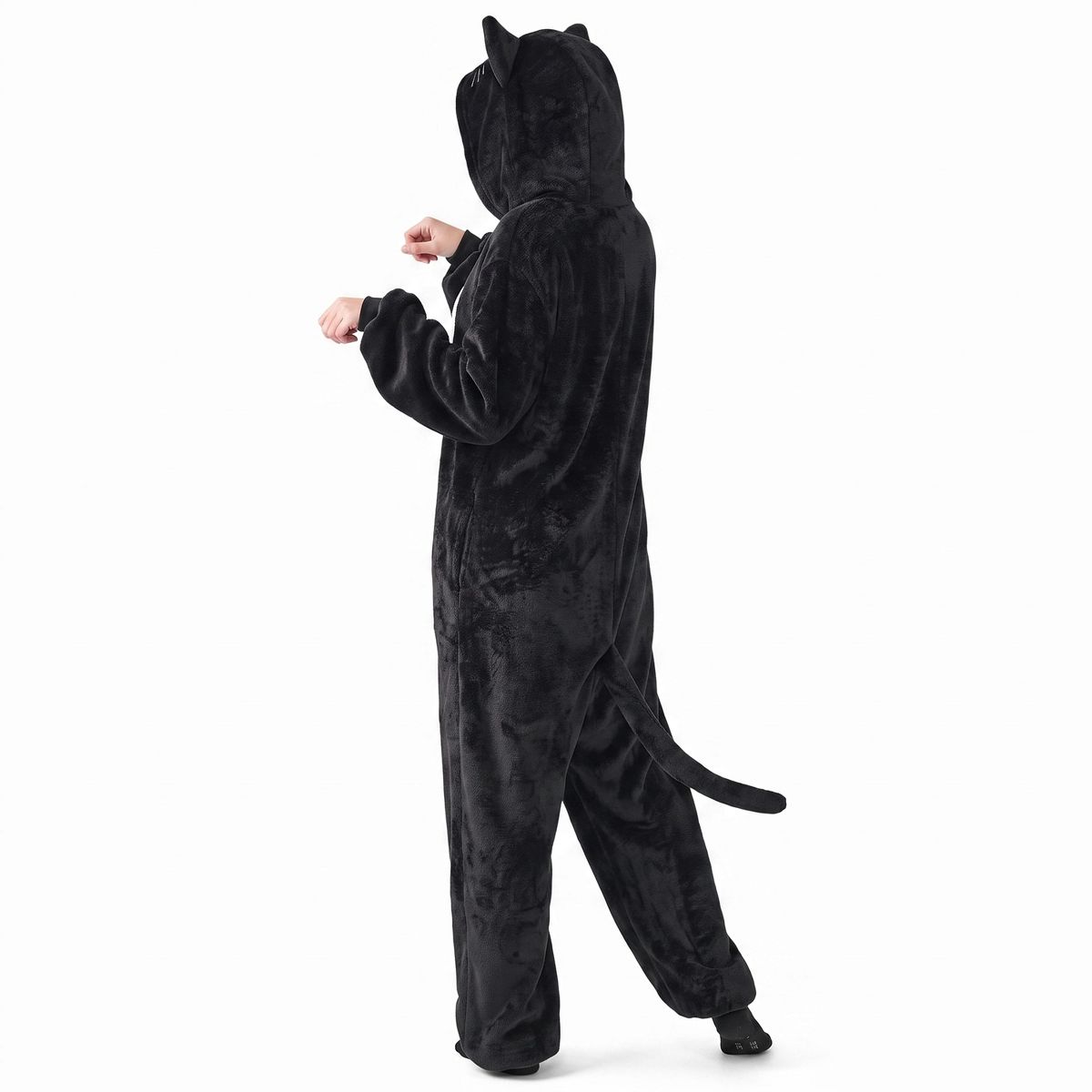 Joyfy Halloween Black Cat Pajama Hooded Jumpsuit Costume for Adult, Animal Halloween Costume Dress Up for Women Men - thumbnail 2