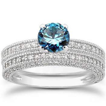 Pompeii3 1ct Treated Blue Diamond Vintage Engagement Ring Wedding Band Set 14K White Gold