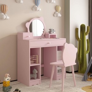 Kids Vanity, 2 in 1 Princess Makeup Desk & Chair Set with Drawers, Storage Shelves, Toddler Dressing Table, Pretend Play Vanity Set for Little Girls - 1 of 4