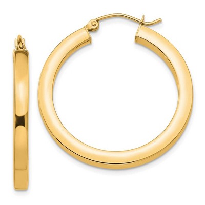 Black Bow Jewelry 3mm, 14k Yellow Gold Square Tube Round Hoop Earrings, 30mm (1 1/8 In)