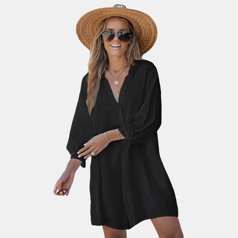 Women's Tie Cuff Button-front Cover-up Dress - Cupshe-l-black : Target