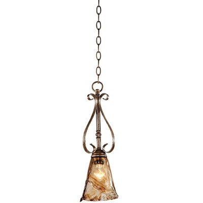 Franklin Iron Works Golden Bronze Silver Mini Pendant Light 6" Wide Scroll Amber Art Glass Fixture for Kitchen Island Dining Room