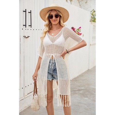 V Neck Crochet Cover Up Dress for Womens Bathing Suits Waist Tie Front Slit Tassel Trim Beach Cover-Ups for Bikini Swimsuits