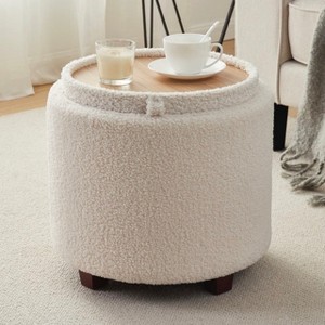 Ornavo Home Lawrence Round Boucle White Storage Ottoman with Table Top Lid - 1 of 4