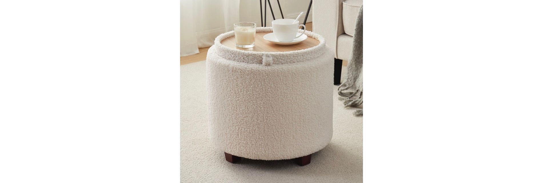 Ornavo Home Lawrence Round Boucle White Storage Ottoman with Table Top Lid