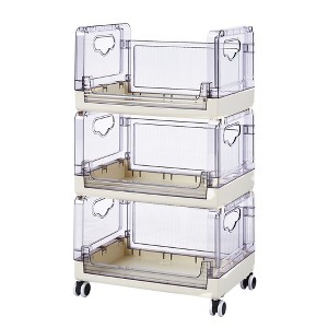 VECELO 3-Tier Fruit and Vegetable Basket, Stackable Kitchen Storage Organizer with Wheels, Plastic Rolling Cart with Handles, White - 1 of 4