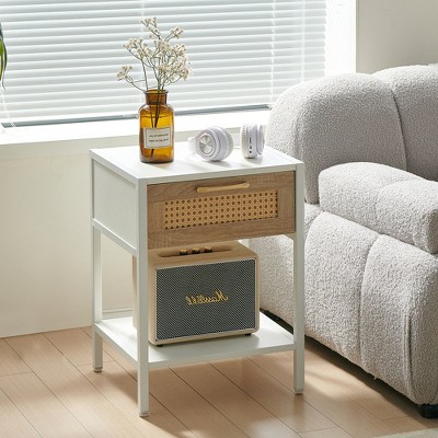 HDZNVF 15.74 inch Rattan Nightstand, White