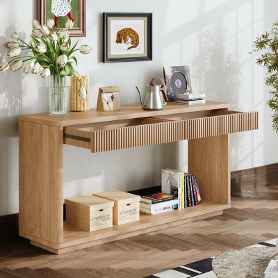 60" Modern 2-Drawer Console Table with Solid Wood Veneer,Entryway Console Table Behind Couch with Hidden Storage for Home Office-Coolbibila