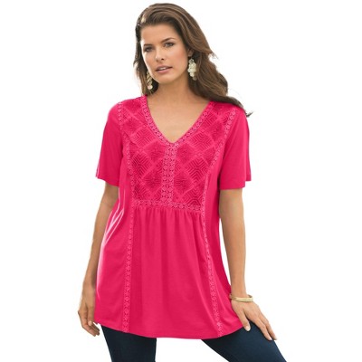 Roaman's Women's Plus Size Embroidered Bib Tee - 12, Pink Burst : Target