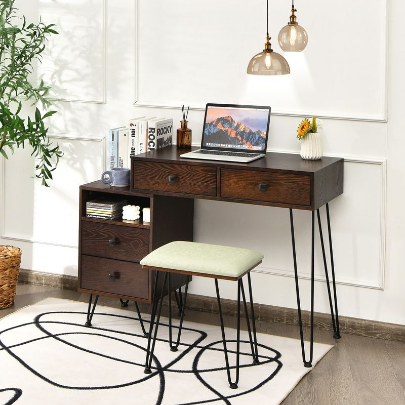 Costway Vanity Table Stool Set Dimmer LED Mirror Large Storage Cabinet Drawer Walnut\ Black\Brown\White, 3 of 15