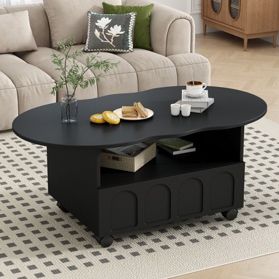 CAVINAS Coffee Tables for Living Room Irregular Coffee Table Modern Center Table with Large Storage Drawer and Brake Wheels for Apartment