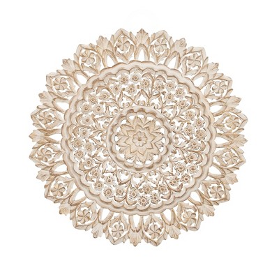 Olivia & May Wood Floral Handmade Intricately Carved Mandala Wall Decor White: Mixed Media, Framed Abstract Art, Modern Style
