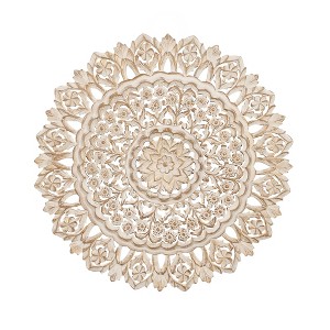 Olivia & May Wood Floral Handmade Intricately Carved Mandala Wall Decor White: Mixed Media, Framed Abstract Art, Modern Style - 1 of 4