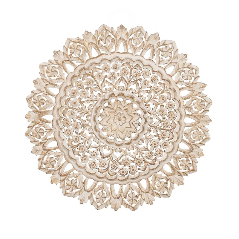 Wood Floral Handmade Intricately Carved Mandala Wall Decor White - Olivia &#38; May, 1 of 19