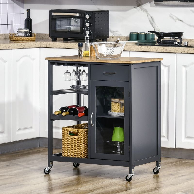 HOMCOM Utility Kitchen Cart, Rolling Kitchen Island Storage Trolley with Rack, Shelves, Drawer and Cabinet, 2 of 7