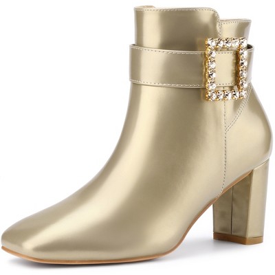 BLISSFUL STEP Women's Square Toe Chunky Heel Rhinestone Buckle Decor Ankle Boots
