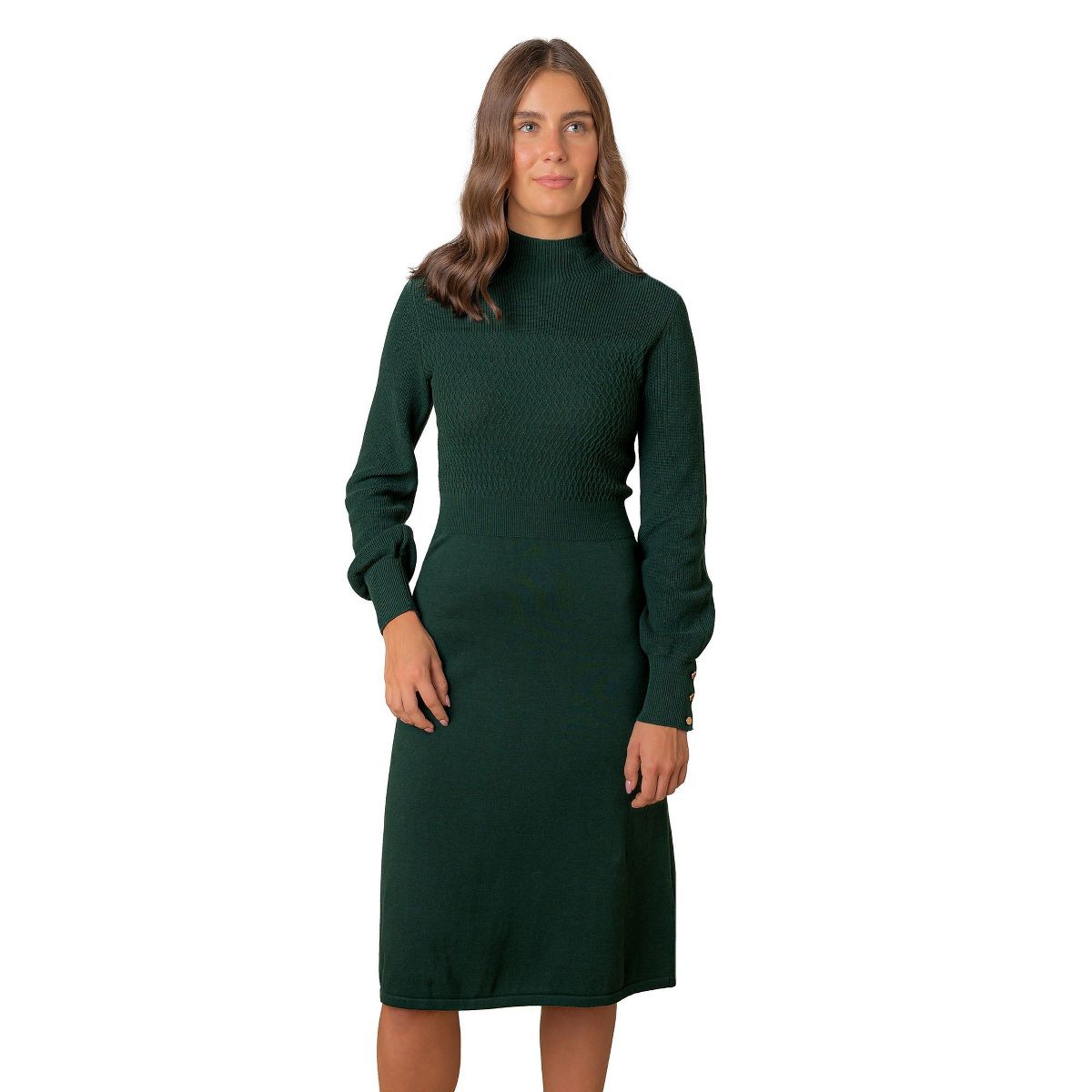 Hope & Henry Women's Organic Mock Neck Bodice Stitch Sweater Dress, Deep Green, 6