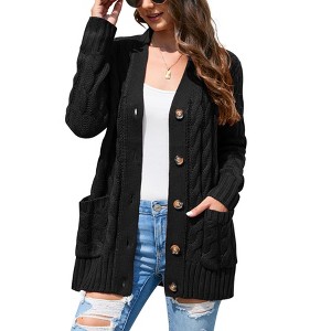 Clearlove Classic Comfort Women's Cable Knit Cardigan Sweater with Pockets Oversized Button Front Cozy Long Sleeve Cover Up - 1 of 4