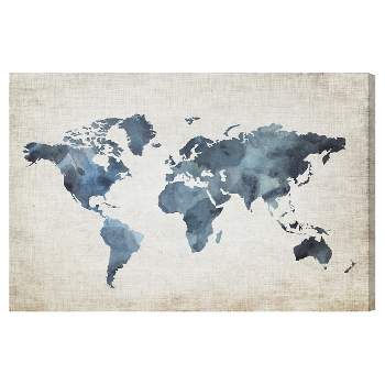 16" x 24" Mapamundi New Worlds v2 Maps and Flags Unframed Canvas Wall Art in Blue - Oliver Gal